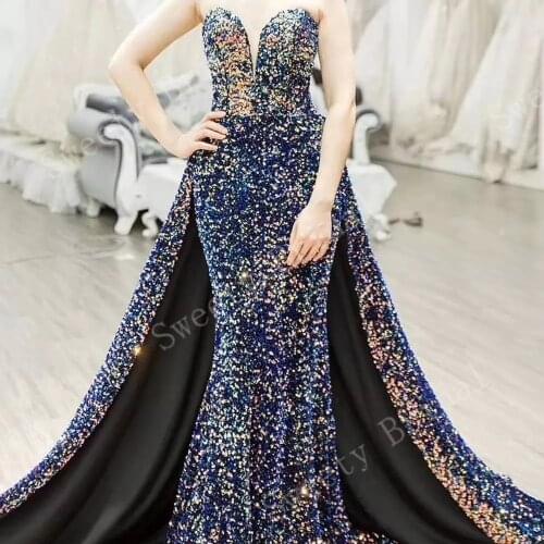 Saudi Arabia Sequined Muslim Mermiad Evening Dresses 2021 Long Robe de Soiree Abendkleider Dubai Prom Dress Evening Gowns