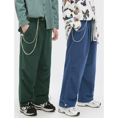 Corduroy Mens Straight Pants Elastic Waist Casual Trousers Autumn Winter Pleated Solid Color Retro Loose Pants Men Male Bottoms