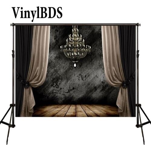 VinylBDS 5x7ft Vintage Indoor Wedding Backdrop Gray Solid Brick Wall Curtains and Chandelier Wedding Background for Photo Studio