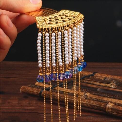XinHuaEase Hanfu Accessories Photo Antique Headdress Classic Step Hair Pin Ornament Gold Beaded Tassel Womens Comb Earrings