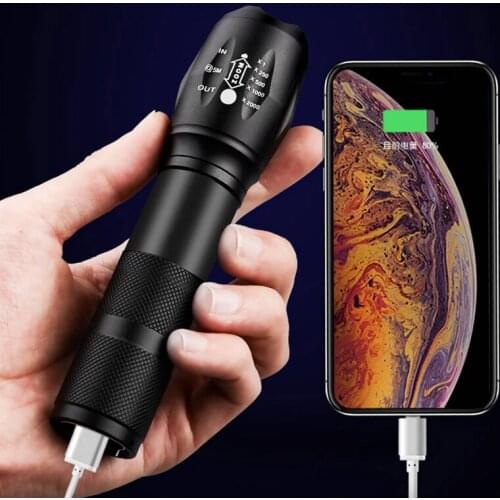 XM-L2 U3 Led Flashlight Built in 18650 Battery Zoomable Torch Lamp Shock Resistant Power Bank Hard Bulbs USB Rechargeable Light
