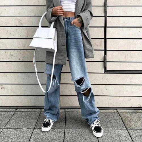 2021 New Female Ripped Jeans, High Waist Trouser Loose Pants Straight-Leg Pants for Summer Autumn Fashion, S/M/L