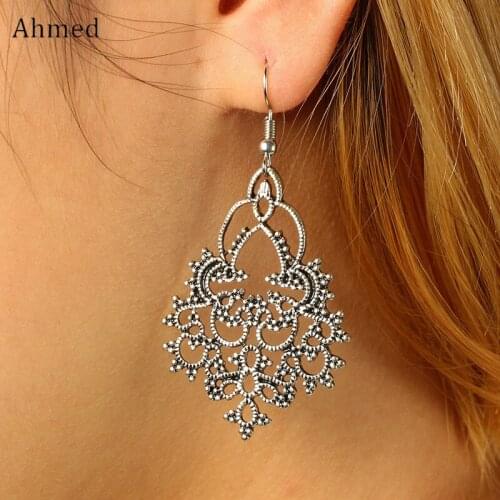 Ahmed Simple Silver Color Snow Flower Pendant Hanging earring 2019 Fashion Retro Vintage Alloy Drop Dangle Earring Wholesale