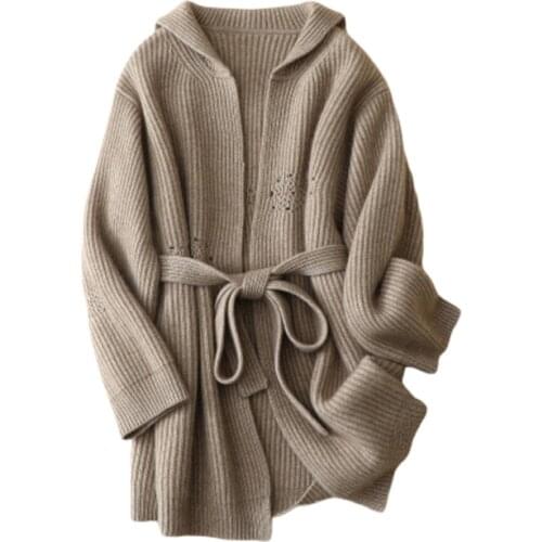 Crew Neck Lace Up 100% Cashmere Thick Cardigan Winter Warm Sweater Belt High Street Solid Woman Sweaters Outwear