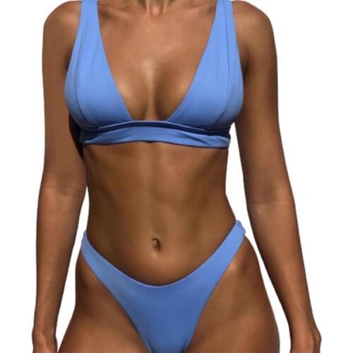 Bikini Set Solid Color Push Up Brassiere Two Pieces Set Women Deep V Neck Bra Briefs Swimwear for Summer