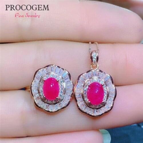 Authentic Natural Ruby Jewelry sets Necklace Ring with CZ for Women Engagement 1Ct Real gemstones fine Jewelry S925 Silver #483