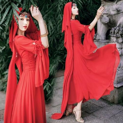 Womens Summer Womens New National Wind Retro Red Holiday Beach Slim-Fit Long-Sleeve Chiffon Dress with Scarf