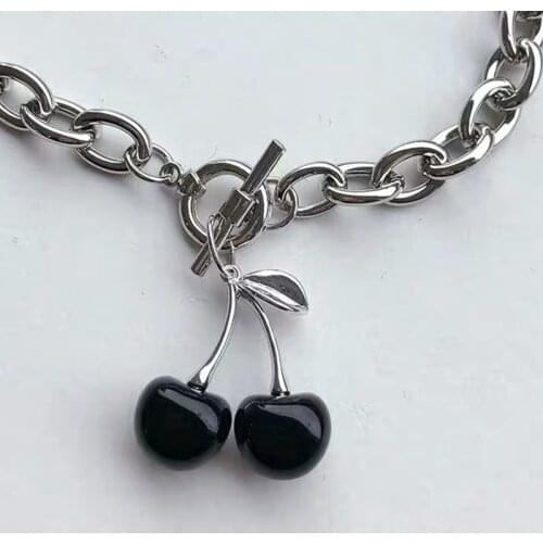 Gothic Punk Girls Black Cherry Pandent Necklace Women Sliver Chain Choker Necklaces Korea Vintage Fashion Hip Hop Collares Mujer