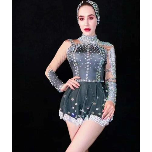 Big Elastic Colorful Rhinestones Long Sleeve Mini Dress Sexy Women Birthday Celebration Dresses Singer DS Jazz Costume DT1737