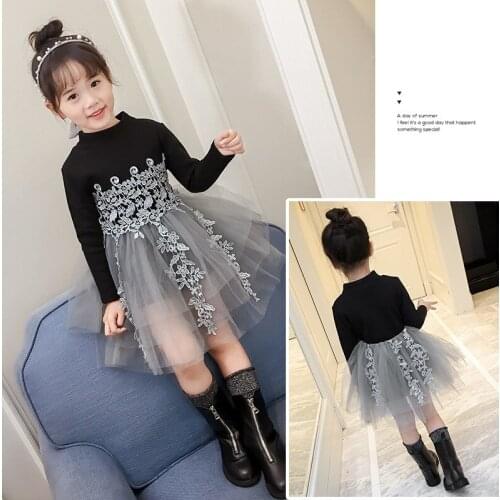 2017 winter dress girls winter plus cashmere dress stitching yarn childrens long sleeve skirt