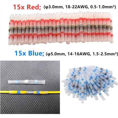 30Pcs Assortment Insulated Solder Seal Heat Shrink Sleeve Wire Butt Crimp Terminals Connectors Blue & Red Kit