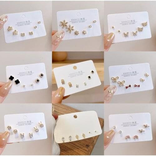 Mini 6pcs Stud Earring Sets For Women Simple Elegant Cute Gem Rabbit Cat Fish Bow Earrings Girl Student Gift Jewelry Accessories