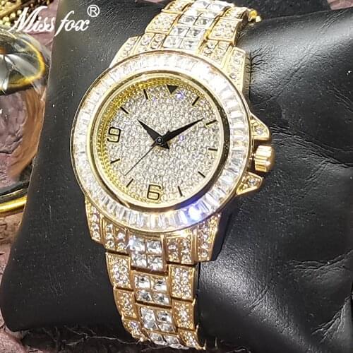 Top Brand MISSFOX Mens Watches 18K Gold Iced Out Full Diamond Luxury Designer Classics Man Watch Waterproof High Quality Clocks