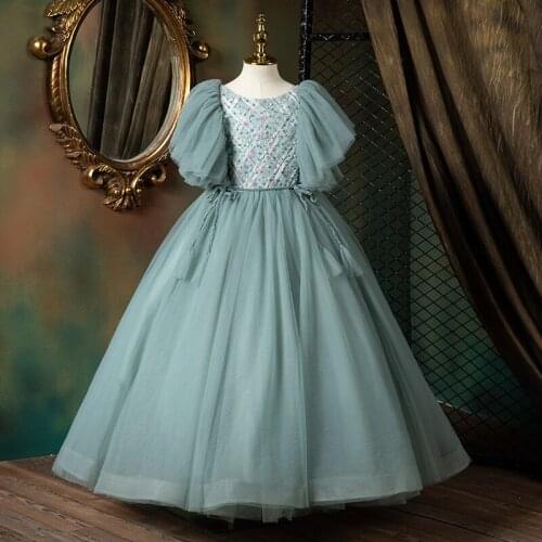 Flower Girl Dresses Illusion Tulle Lace Embroidery Pearls Short O-Neck Princess Floor-Length Luxury Blue Kids Party Gown H600
