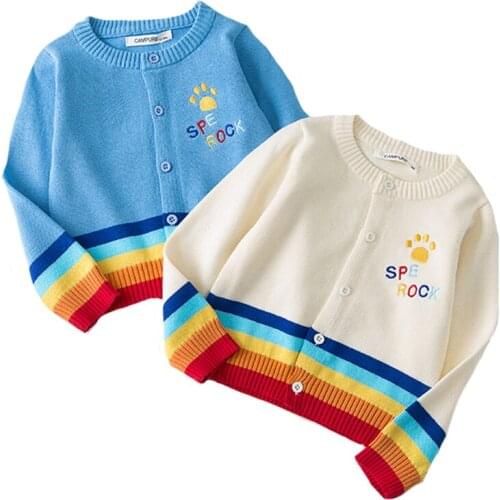 1-7Yrs Girls Cardigan Rainbow Embroidery Knitted Sweater Cotton Child Autumn Cardigan Baby Boys Warm Sweaters Girls Kids Clothes