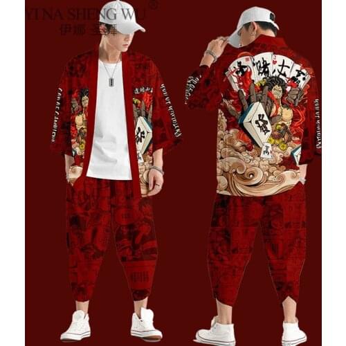 Kimono Japanese Streetwear Men Cardigan Haori Retro Chinese New Style Print Tops Coat Pants Suit Fashion Casual Trousers Outfits