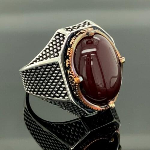 Handmade 925k Sterling Silver , Red Agate Stone (Aqeeq) , Men Agate Ring , Turkısh Handmade , Ottoman Jewelry