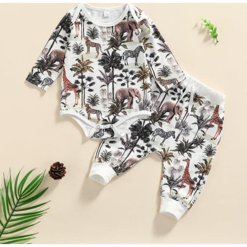 Two Piece Baby Boy’s Clothes Set Autumn Winter New Fresh Forest Animals Printed Long Sleeve Romper and Long Pants Kids Outfits