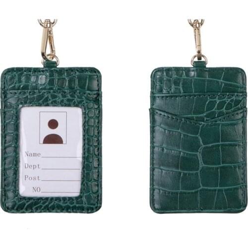 Green Crocodile Pattern Leather Neck Card Holder Ostrich Pattern Leather Lanyard ID Holder Purse Women Name Card Wallet