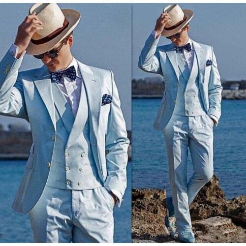 Classic Style Two Buttons Light Blue Groom Tuxedos Notch Lapel Groomsmen Blazer Mens Wedding Suits (Jacket+Pants+Vest
