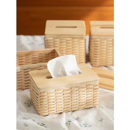 Creative Wood Chip Rattan Woven Tissue Box Desktop Storage Vanity Box Removable Tissues Container Eco Friendly Table Decor