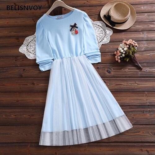 2021 Mori Girl Cute Patchwork Mesh Dress New Spring Autumn Fashion Long Sleeve Casual Sweet Dress With Cherry Brooch Vestidos