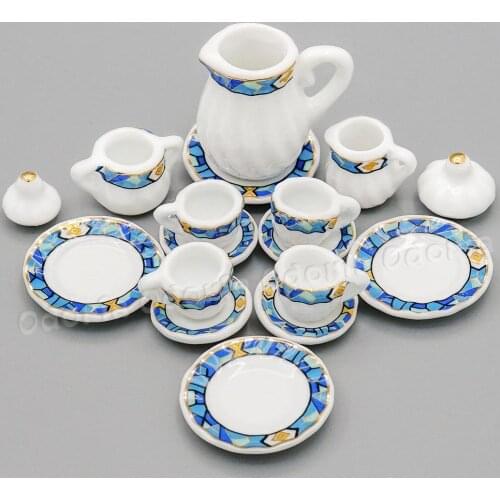 Odoria 1:12 Miniature 15PCS Porcelain Tea Cup Set Mediterranean Blue with Golden Trim Tableware Dollhouse Kitchen Accessories