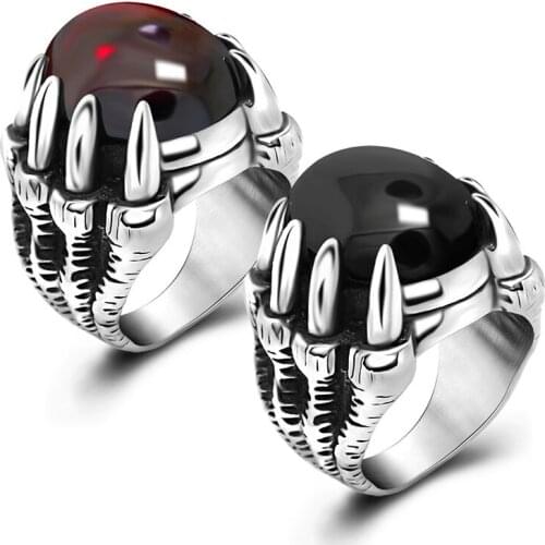 Male Accessories jewelry punk mens rings stainless steel gothic rings Evil Eye Dragon Claw Red Gem wholesale big ring Antique