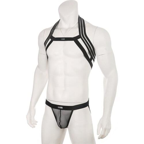 Mens Harness Thongs Set Body Chest Costume G-string Jockstrap Lingerie Man Halter Neck Hollow Out Nightclub Wear For Male