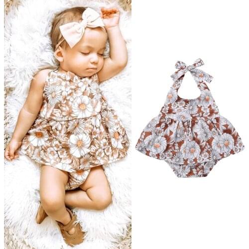 0-24M Lovely Newborn Infant Girls Summer Rompers Sleeveless Floral Print Halter Romper Jumpsuits Dress Casual Cotton Outfits
