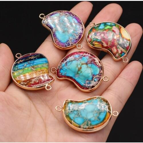 Natural Semi-precious Stone Heart Gilt Edge Emperor Stone Pendant Connector 28x40mm for Jewelry Making Necklaces Gift