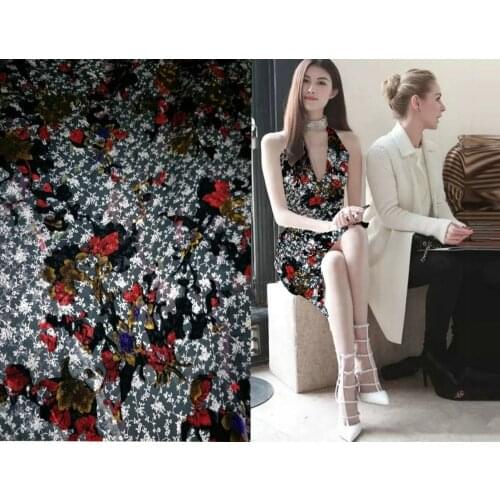 2018 new fashion Red flowers prints 100% Silk fabric silk velvet fabric 115*100CM material tulle Haircoton tissu wholesale telas
