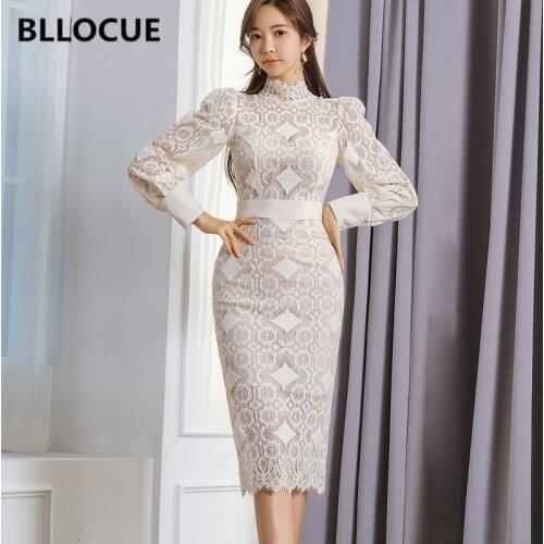 BLLOCUE 2020 New Korean Slim Stitching Lace Dress Women Long Sleeve Elegant Casual Party Bag Hip Midi Dress