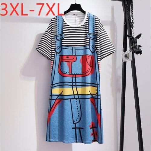 New 2021 fashion summer plus size tops for women large loose short sleeve stripe blue print long T-shirt 3XL 4XL 5XL 6XL 7XL
