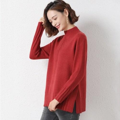 Autumn Winter Womens Half High Neck Pullover Sweater Warm Knitted Pullovers Loose Long Sleeve Cashmere Base Solid Tops Female