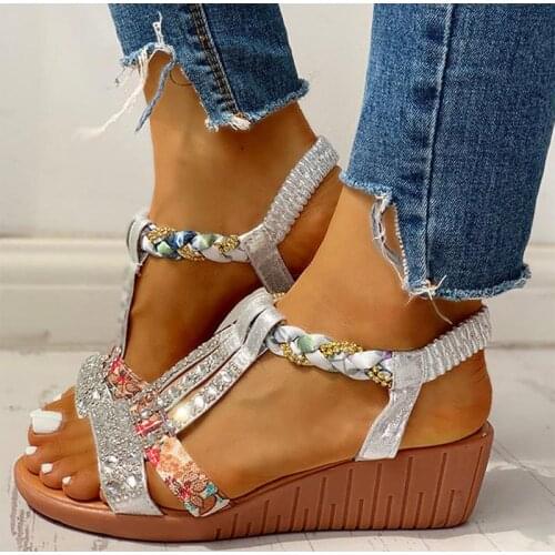 Miaoguan Womens Sandals Summer Bohemia Thick Platform Wedge Shoes Crystal Gladiator Rome Woman Beach Casual Female High heels