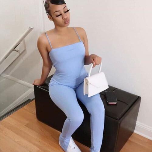 Light Blue Skinny Rompers Womens Jumpsuit Sexy Square Neck Sleeveless One Piece Overalls Fashion Side Split Bodycon Outfits