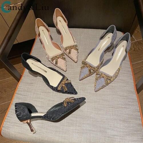 Lady Sandals Gold Bow High-heeled Womens Spring Summer 2021 New Colorful Pleated Wind Gold Buckle Hollow Pumps Big Size US 10