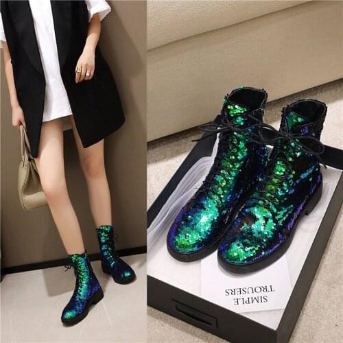 Womens Boots Autumn And Winter New Round head zipper Discoloration Sequin Short tube Womens shoes plus size 33-43