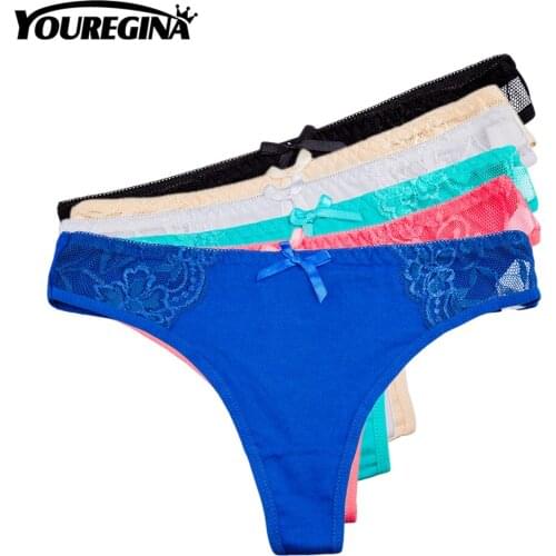 YOUREGINA Women Thongs G-strings Sexy Cotton Panty Ladies Panties Underpants 6pcs/lot Lace Patchwork Solid Thransparent M L XL