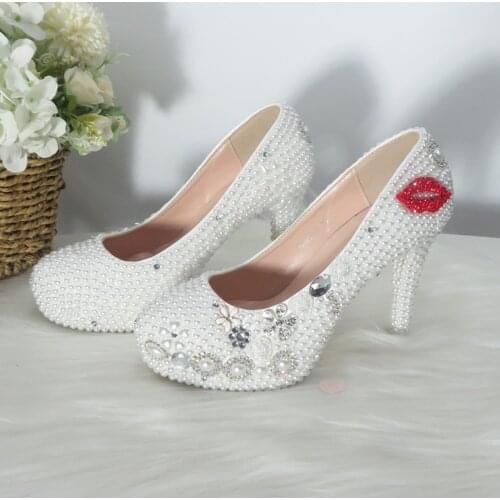 BaoYaFang 2021 New Arrival White Pearl women Bridal wedding shoes High heels Round Toe party dress shoe Woman Fashion High Pumps