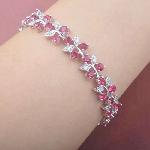 For Women Summer Crystal Bracelet Wedding Jewelry Silver Color Link Chain Rose Red Zirconia Bracelet OS0116
