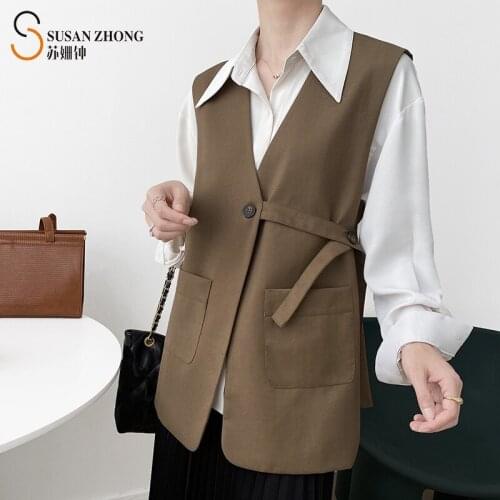 Women Vest Female Sleeveless Sashes V-Neck Single Button Lining Designed Belt Delicate Tailored Stiff Fabric Autumn Winter