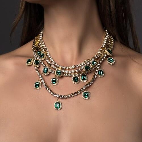 StoneFans Green Gold Layered Necklace for Women Hiphop Iced Out Necklace Pendant Women Rhinestone Choker Necklaces Daily Jewelry