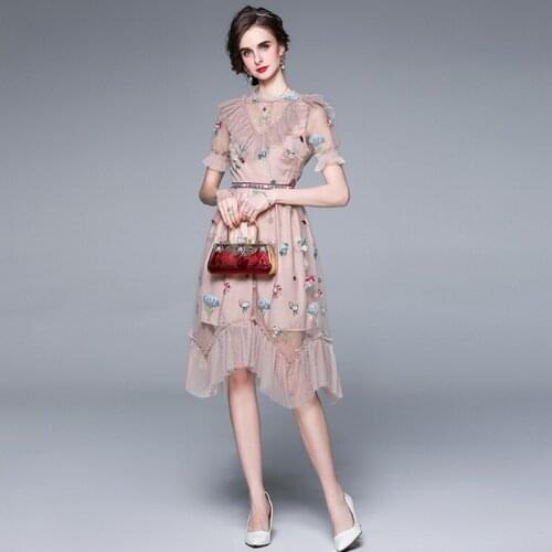 2021 summer fashion Female Round Neck Short-sleeved Waist Slimming Mesh ruffle embroidery Flower Midi Dress