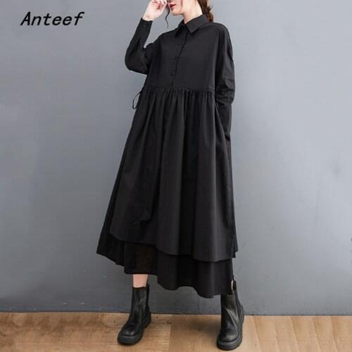 Anteef long sleeve plus size cotton vintage dresses for women casual loose spring autumn shirt dress elegant clothing 2021