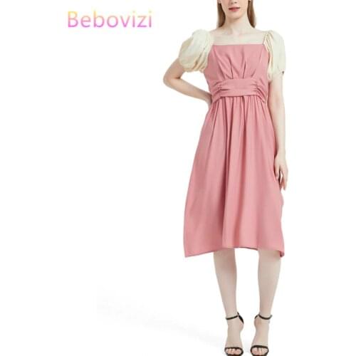 S-XXL Yellow Red Vintage Solid Knee-Length Slash Neck za 2020 Women Midi Dress Casual Fashion Summer A-Line Dresses