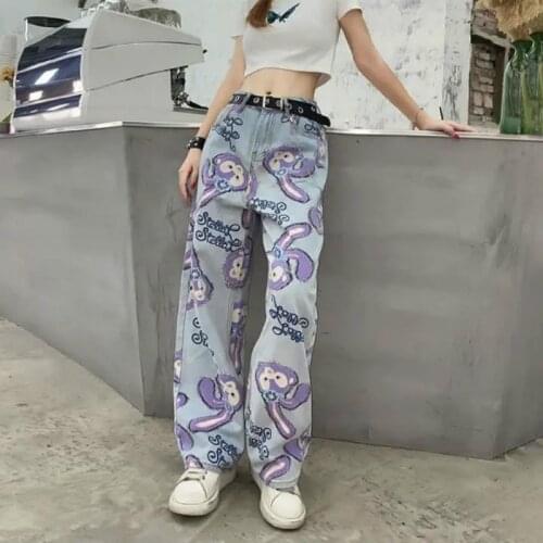 Famous Fashion High Waisted Wide Leg Jeans Female Straight Loose Thin Daddy Pants Vintage Washed Rabbit Print Jeans Woman Jeans