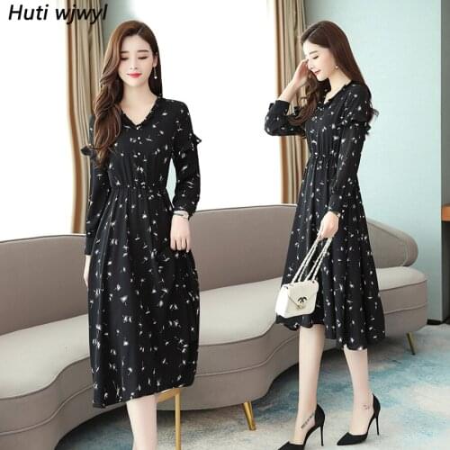 2021 Vintage Floral Chiffon Midi Dresses Autumn Winter 2XL Plus Size Print Long Sleeve Maxi Dress Elegant Women Party Vestidos