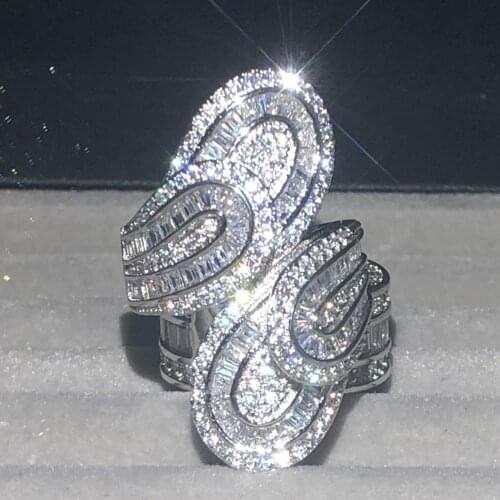 Big Sparkling 925 Sterling Silver rings For Women Luxury Leaf Pave Simulated Diamond Cocktail Wedding Ring set Jewelry 925